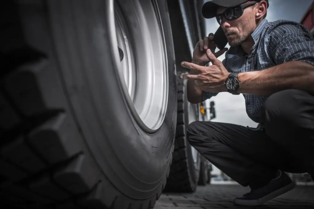 Man wearing sunglasses and a cap kneeling beside a large truck tire, inspecting the sidewall while speaking on the phone, focused on reading tire size and specs.