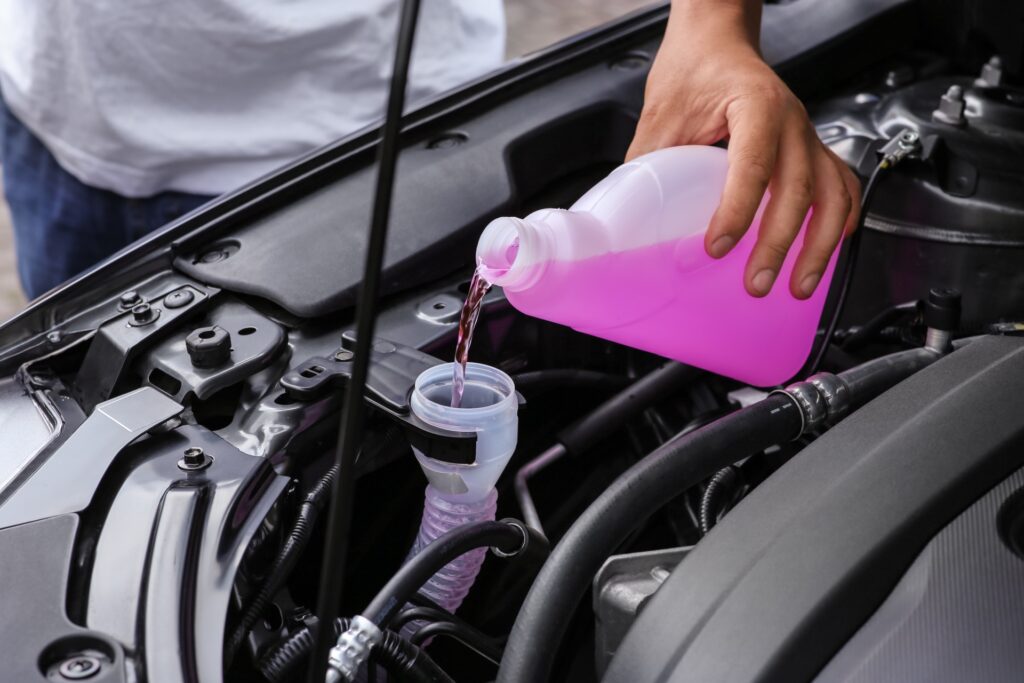 Pouring coolant in for spring car maintenance