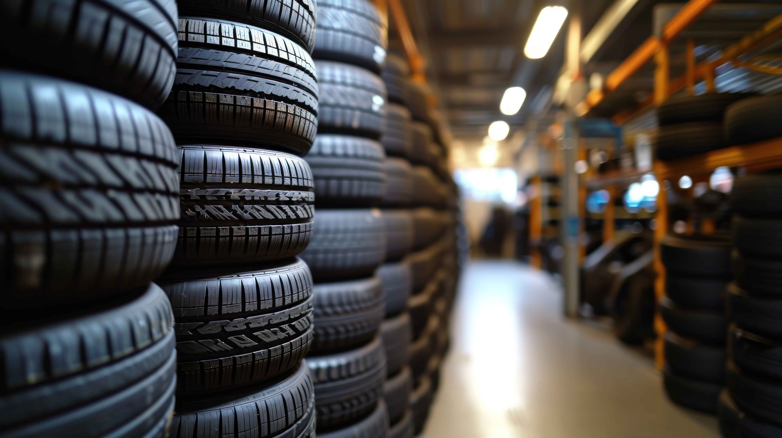 Stacked tires and tires in shop